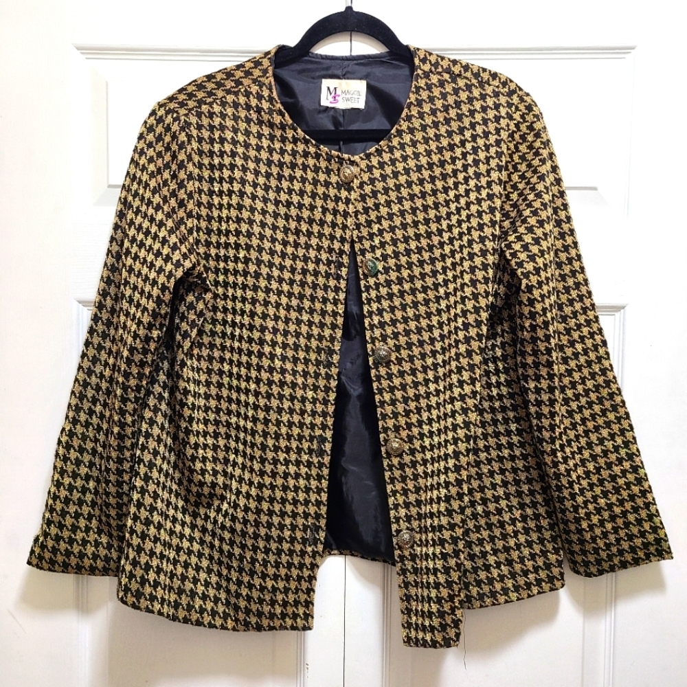 Vintage Maggie Sweet Black metallic gold‎ houndstooth 5 button Jacket